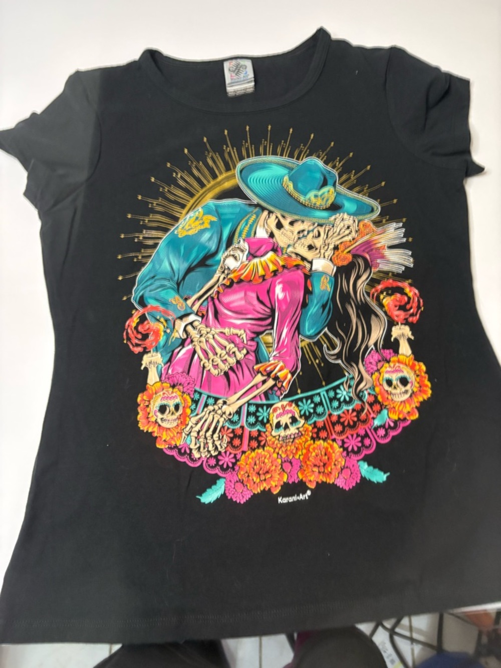 Day of the Dead Skull Couple Graphic Tee - Black